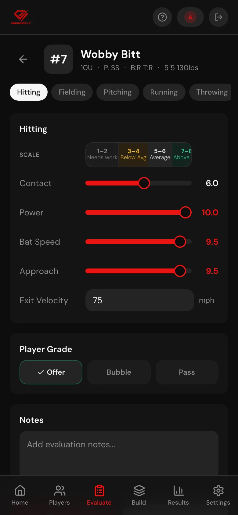DiamondAudit evaluation screen on a phone, scoring a player on the field