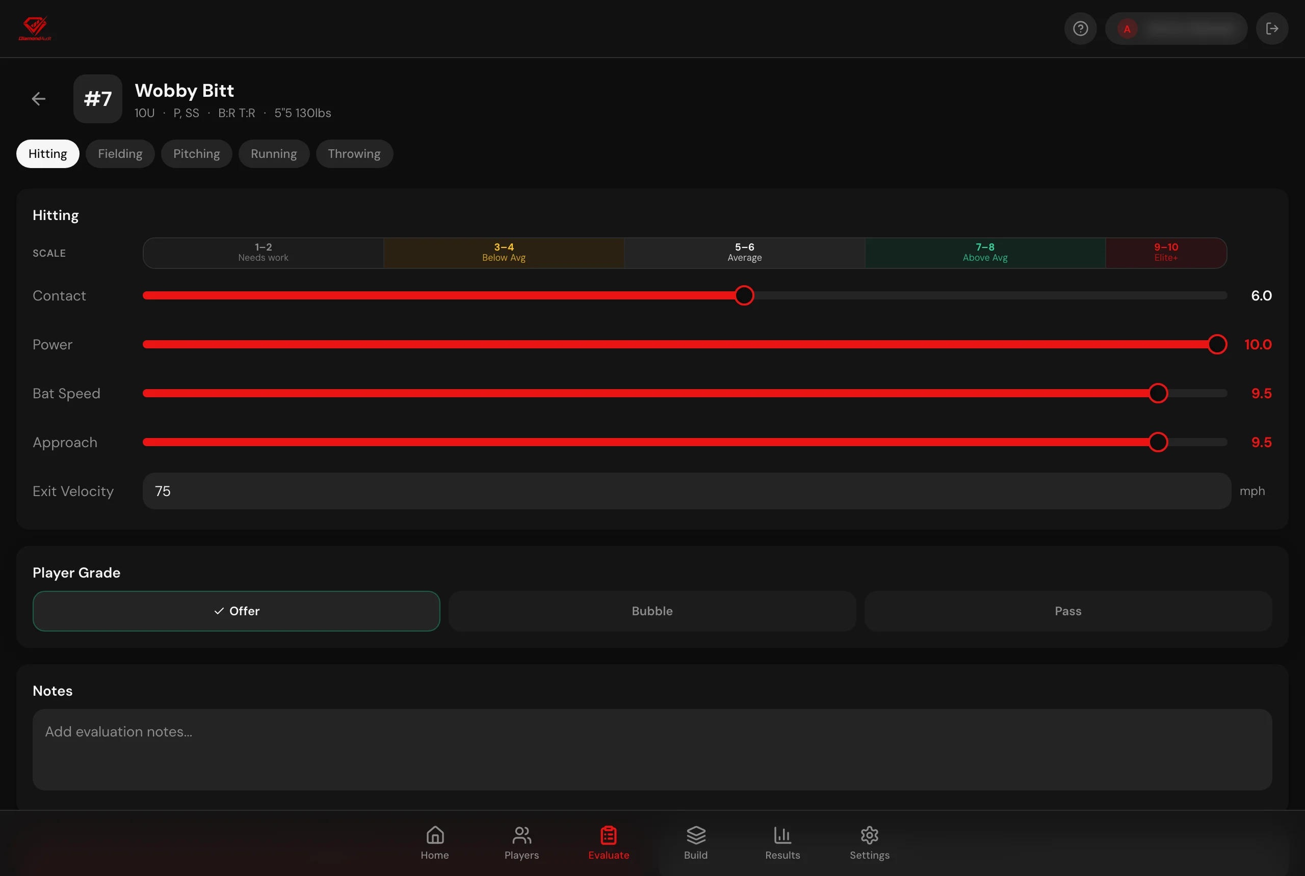 DiamondAudit player evaluation screen with calibrated 1–10 sliders, the scoring rubric strip, and Offer/Bubble/Pass grade buttons