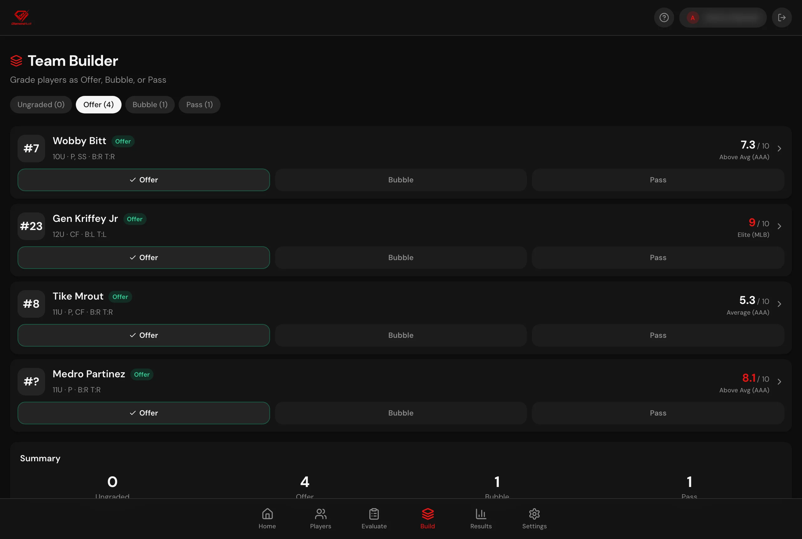 DiamondAudit Team Builder showing players graded Offer, Bubble, or Pass with their evaluation scores and tiers